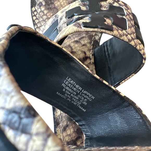 Tory Burch Leigh Thong Sandals 9.5 Roccia Snakeskin Black Logo - Picture 6 of 11